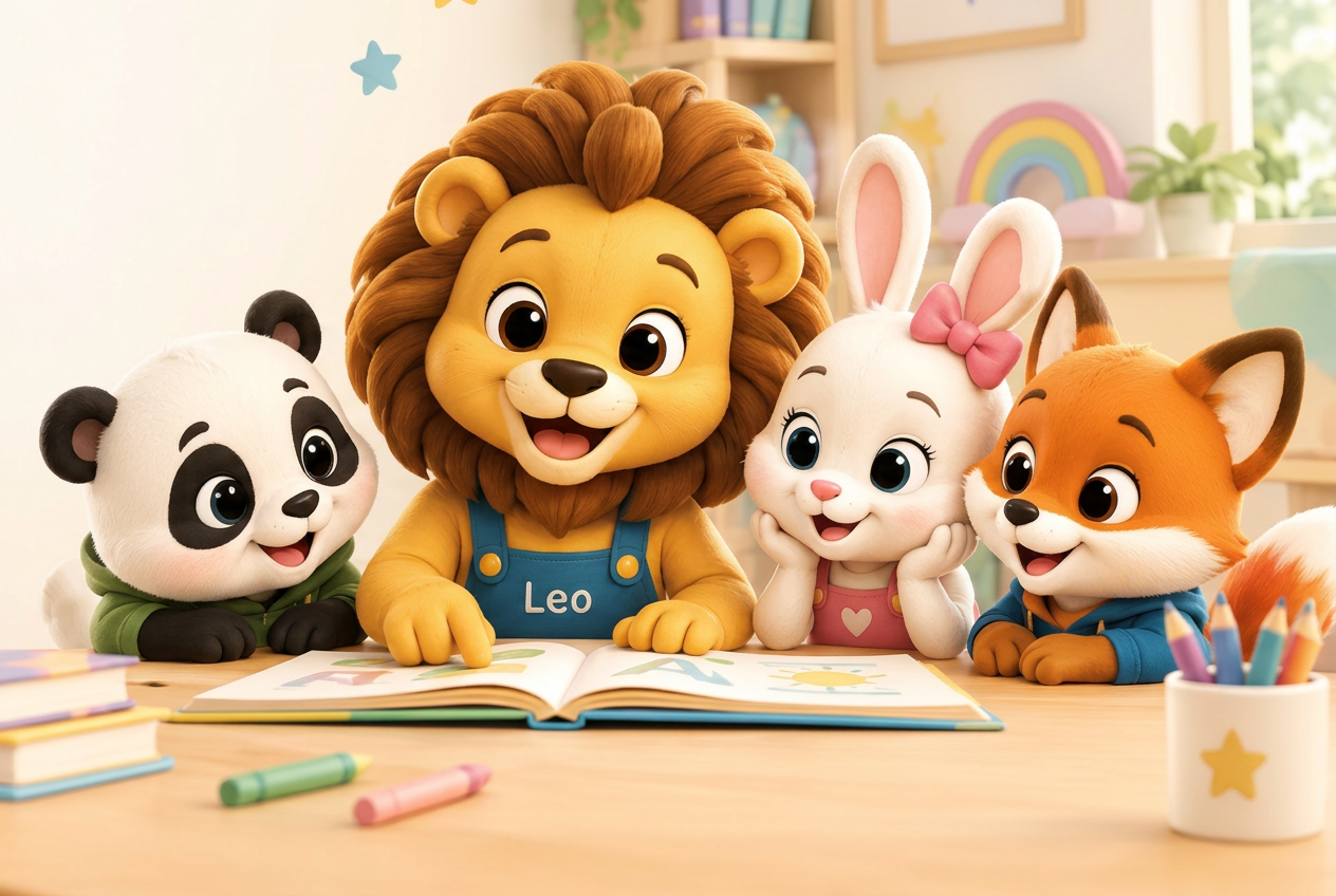 Leo y sus amigos Tamariki leyendo un libro juntos sobre la mesa